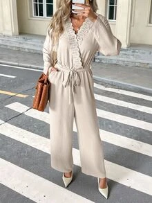SHEIN Frenchy Women's Solid Color Pleated Casual Daily Wear Jumpsuit - Apricot - View 5