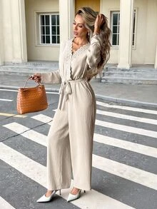 SHEIN Frenchy Women's Solid Color Pleated Casual Daily Wear Jumpsuit - Apricot - View 3