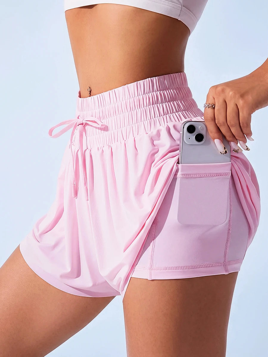 Sovereign Charm Solid Color Knotted Pocket Summer Sports Shorts, Suitable For YogaWomen Sweat Short, Gym Short, Biker Short - Pink - View 1