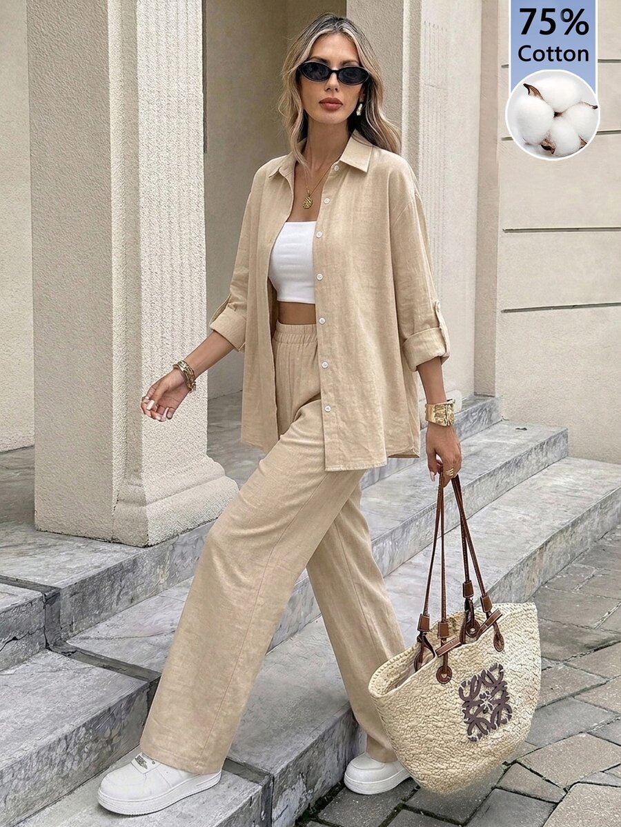 Serisse Women's Washed Cotton Solid Color Single-Breasted Shirt And Pants Casual Two Pieces Set - Khaki - View 1