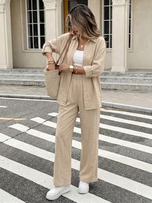 Serisse Women's Washed Cotton Solid Color Single-Breasted Shirt And Pants Casual Two Pieces Set - Khaki - View 7