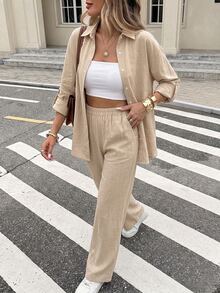 Serisse Women's Washed Cotton Solid Color Single-Breasted Shirt And Pants Casual Two Pieces Set - Khaki - View 6