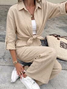 Serisse Women's Washed Cotton Solid Color Single-Breasted Shirt And Pants Casual Two Pieces Set - Khaki - View 5