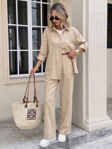 Serisse Women's Washed Cotton Solid Color Single-Breasted Shirt And Pants Casual Two Pieces Set - Khaki - View 4