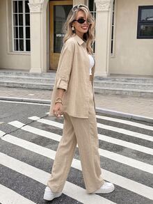 Serisse Women's Washed Cotton Solid Color Single-Breasted Shirt And Pants Casual Two Pieces Set - Khaki - View 2