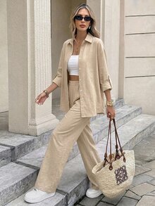 Serisse Women's Washed Cotton Solid Color Single-Breasted Shirt And Pants Casual Two Pieces Set - Khaki - View 3