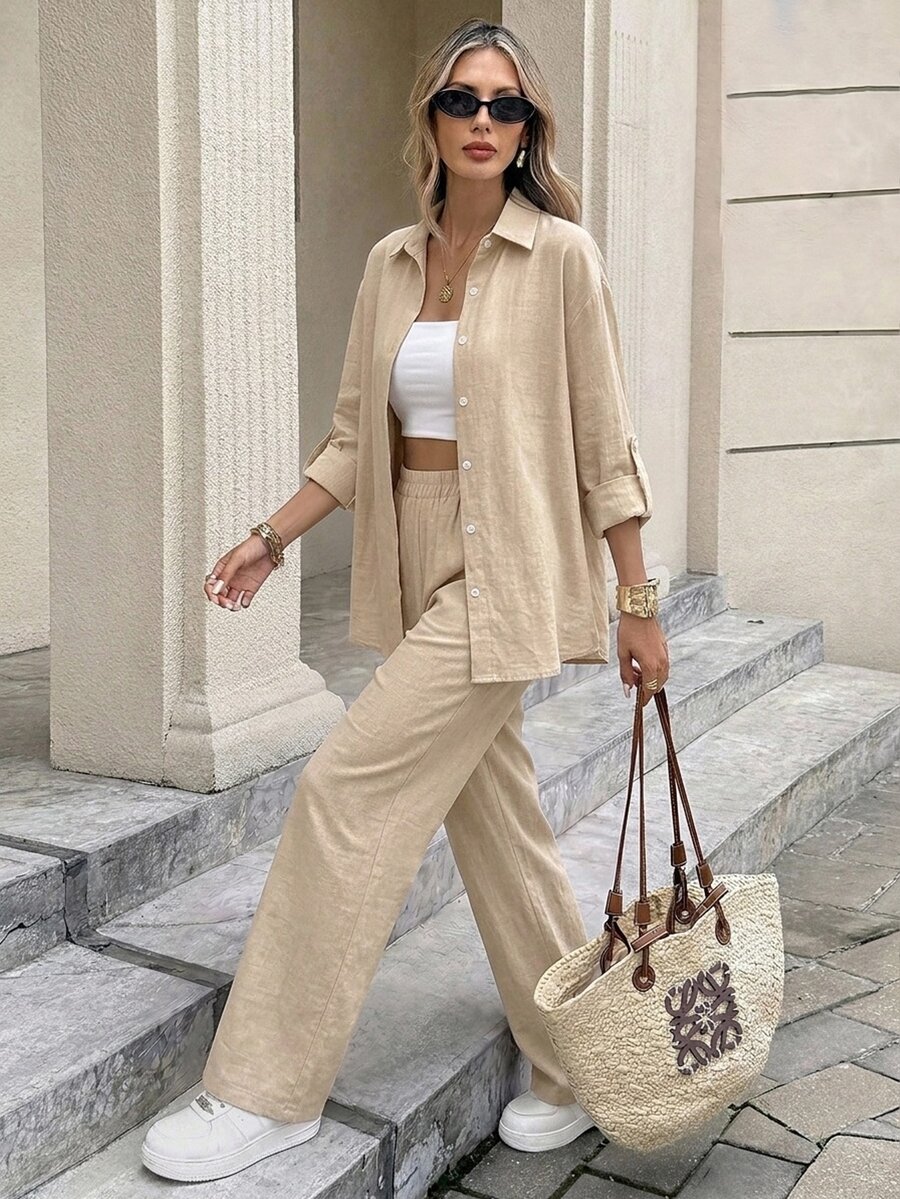 Serisse Women's Washed Cotton Solid Color Single-Breasted Shirt And Pants Casual Two Pieces Set - Khaki - View 1
