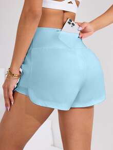 Sovereign Charm Women's Solid Color High Waist Pocket Sports Shorts - Baby Blue - View 2