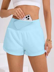 Sovereign Charm Women's Solid Color High Waist Pocket Sports Shorts - Baby Blue - View 4