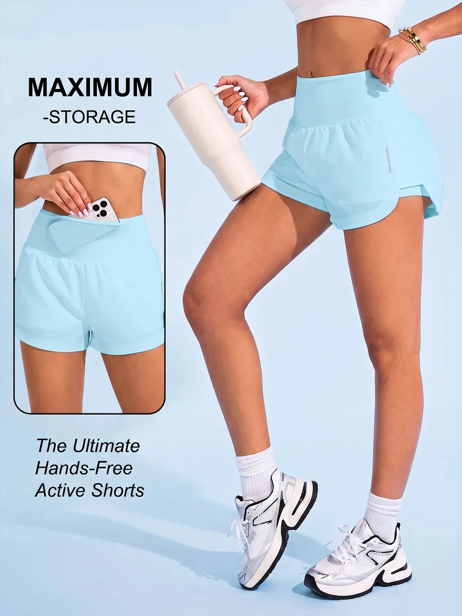 Sovereign Charm Women's Solid Color High Waist Pocket Sports Shorts - Baby Blue - View 1