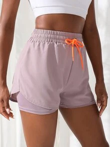 SHEIN Sovereign Charm Breathable Letter Graphic 2 In 1 Sports Shorts Flowy Shorts Drawstring ShortsWomen Sweat Short, Gym Short, Biker Short - Dusty Purple - View 4