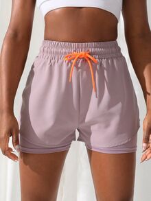 SHEIN Sovereign Charm Breathable Letter Graphic 2 In 1 Sports Shorts Flowy Shorts Drawstring ShortsWomen Sweat Short, Gym Short, Biker Short - Dusty Purple - View 2