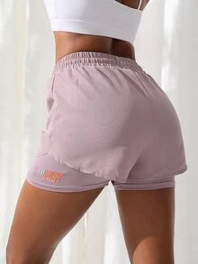 SHEIN Sovereign Charm Breathable Letter Graphic 2 In 1 Sports Shorts Flowy Shorts Drawstring ShortsWomen Sweat Short, Gym Short, Biker Short - Dusty Purple - View 5