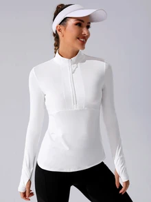 SHEIN Sovereign Charm 半拉链拇指孔运动卫衣 秋季卫衣 - 白色 - 查看 3