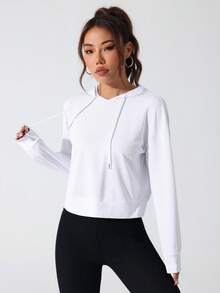 SHEIN Sovereign Charm بلوزة رياضية نسائية بطباعة حرفية بسيطة وتصميم مفتوح - أبيض - مشاهدة 8