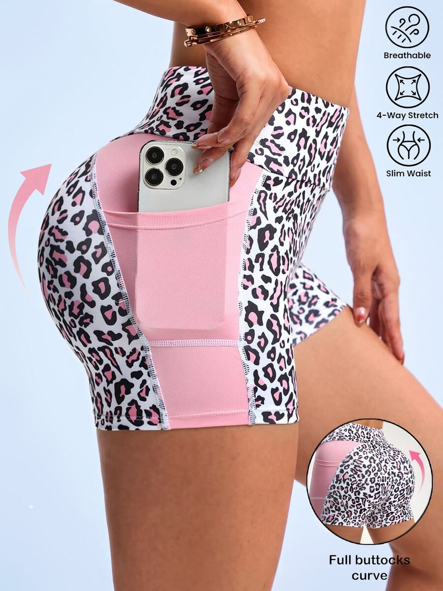 Sovereign Charm Leopard Print High Waist Tights Shorts With Pockets, Suitable For Summer Biker Shorts Spandex Short