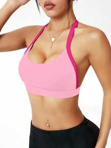 Sovereign Charm Women's Contrast Trim Halter Backless Adjustable Strap Adjustable Strap Sports Bra - Multicolor - View 4