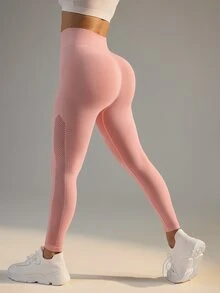 Sovereign Charm Women's Seamless High Waist Solid Color Workout Leggings Yoga Pants - Coral Pink - View 3