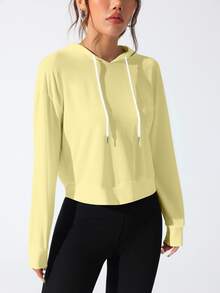 SHEIN Sovereign Charm 女士字母印花长袖连帽运动卫衣 - 黃色 - 查看 5