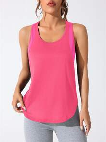 SHEIN Sovereign Charm Letter Print Contrast Color Loose Round Neck Sleeveless Summer Sports Tank Top - Hot Pink - View 3
