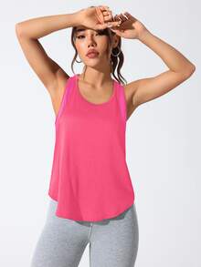 SHEIN Sovereign Charm Letter Print Contrast Color Loose Round Neck Sleeveless Summer Sports Tank Top - Hot Pink - View 4