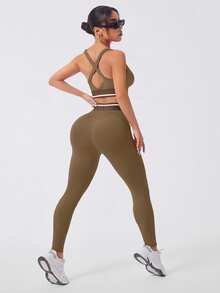 Sovereign Charm 3pcs Casual Versatile Multi-Color Removable Padded Bra & Brown Letter Print Slim Fit Sports Set - Brown - View 7