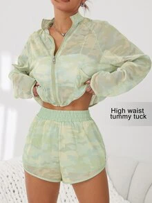 SHEIN Sovereign Charm Ensemble de sport transparent et sexy pour femme, veste à col montant à imprimé tie-dye camouflage avec poches, manches longues, short taille haute anti-transparence pour le jogging, le yoga, l'exercice en extérieur. Ensemble de leggings pour femme - Multicolore - Voir 4