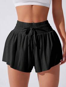 Sovereign Charm Women's Solid Color Drawstring Waist Pocket Casual Daily Sports Shorts - Black - View 3