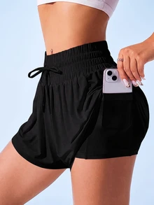 Sovereign Charm Women's Solid Color Drawstring Waist Pocket Casual Daily Sports Shorts - Black - View 1