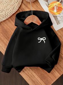 SHEIN 女宝宝甜美简约蝴蝶结印花连帽长袖羊毛衫，适合秋冬季外出 - 黑色 - 查看 2