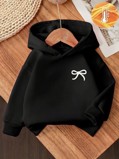 SHEIN 女宝宝甜美简约蝴蝶结印花连帽长袖羊毛衫，适合秋冬季外出