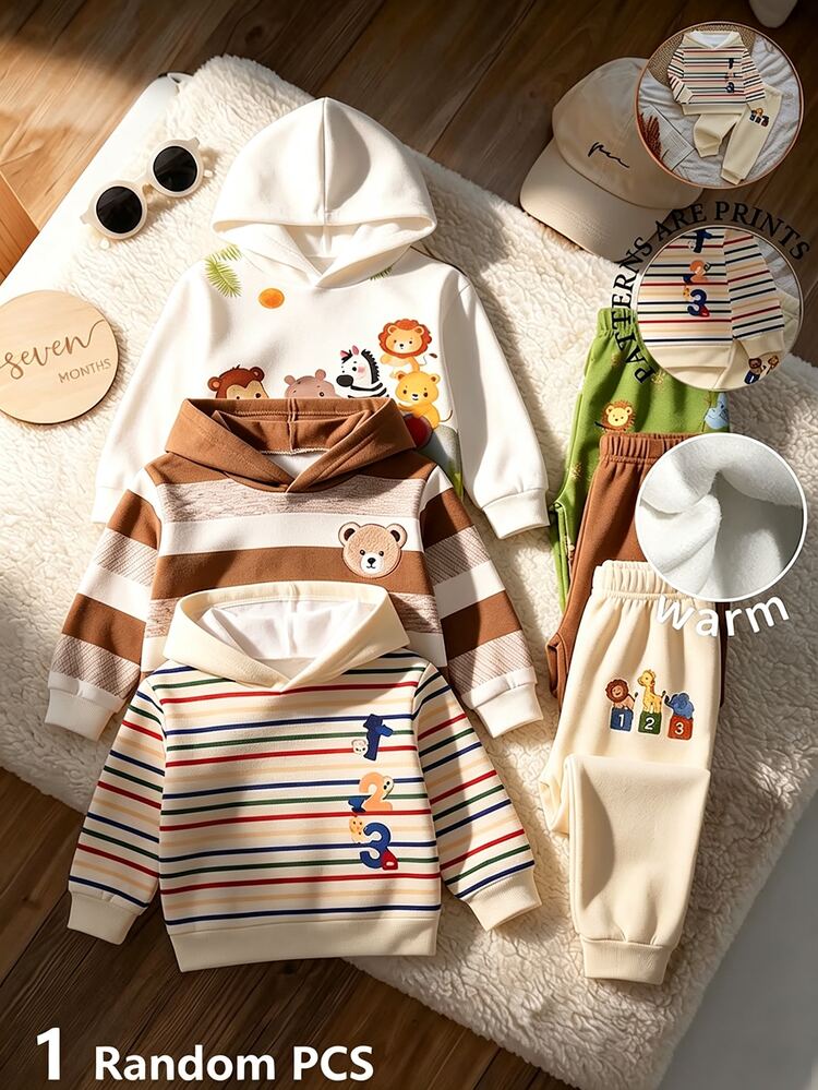 SHEIN 2pcs Baby Boys Hooded Set Casual Off-White Rainbow Striped Animal Pattern Long Sleeve Hooded School Fall Outfits Autumn Winter Cute,1 Random Set - Multicolor - View 1