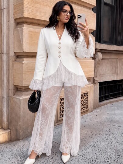 SHEIN BAE CURVE Plus Size Women's White Lace Panel Blazer & Pants Set, Long Sleeve Elegant Two Pieces Suit Set For Work Wedding Guest Party Fall, Elegant, White Elega
