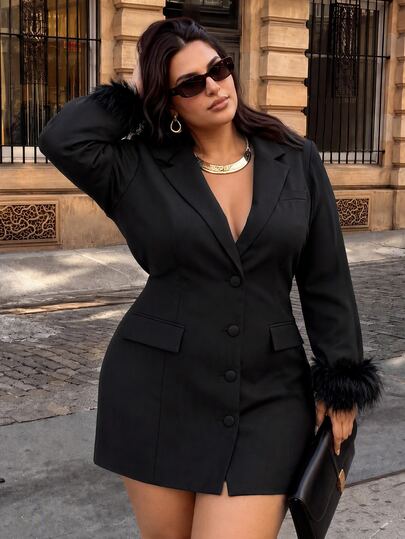 SHEIN BAE CURVE Plus Size Women's Color-Block Blazer With Plush Cuffs And Button Details, Elegant Double-Breasted Blazer With Plush Paneling, Blazer Dress, Halloween