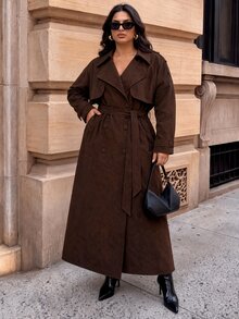 SHEIN BAE CURVE Plus Size Women's Suede Coffee Brown Long Trench Coat - Coffee Brown - View 1