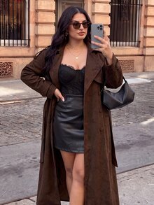 SHEIN BAE CURVE Plus Size Women's Suede Coffee Brown Long Trench Coat - Coffee Brown - View 3