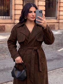 SHEIN BAE CURVE Plus Size Women's Suede Coffee Brown Long Trench Coat - Coffee Brown - View 2