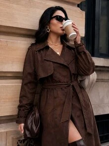 SHEIN BAE CURVE Plus Size Women's Suede Coffee Brown Long Trench Coat - Coffee Brown - View 6