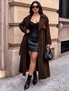 SHEIN BAE CURVE Plus Size Women's Suede Coffee Brown Long Trench Coat - Coffee Brown - View 5