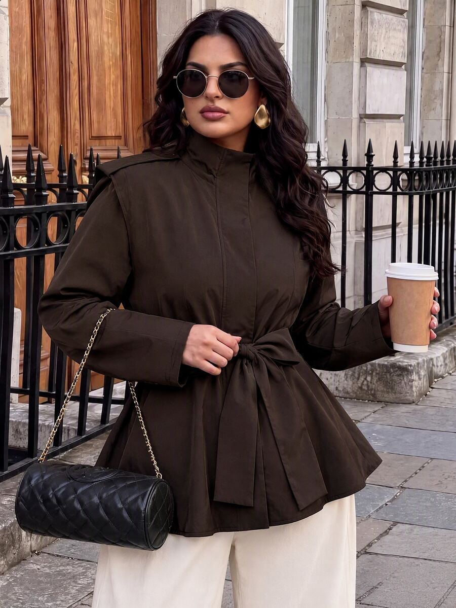 SHEIN BAE CURVE Plus Size Women's Coffee Brown Tie Strap Shoulder Short Jacket Fall - Coffee Brown - View 1