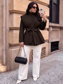 SHEIN BAE CURVE Plus Size Women's Coffee Brown Tie Strap Shoulder Short Jacket Fall - Coffee Brown - View 2