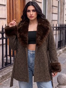SHEIN BAE CURVE Plus Size Women Long Sleeve Overlap Design Belt Splicing Fur Collar Jacket - Multicolor - View 2