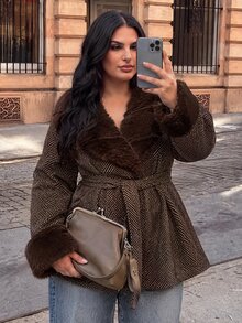SHEIN BAE CURVE Plus Size Women Long Sleeve Overlap Design Belt Splicing Fur Collar Jacket - Multicolor - View 3