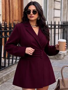 SHEIN BAE CURVE Plus Size Dark Purple Pleated Design Waist-Cinching Blazer Dress With Wide Shoulders Cocktail Office Dinner Formal Fall Elegant Casual - Redwood - View 1