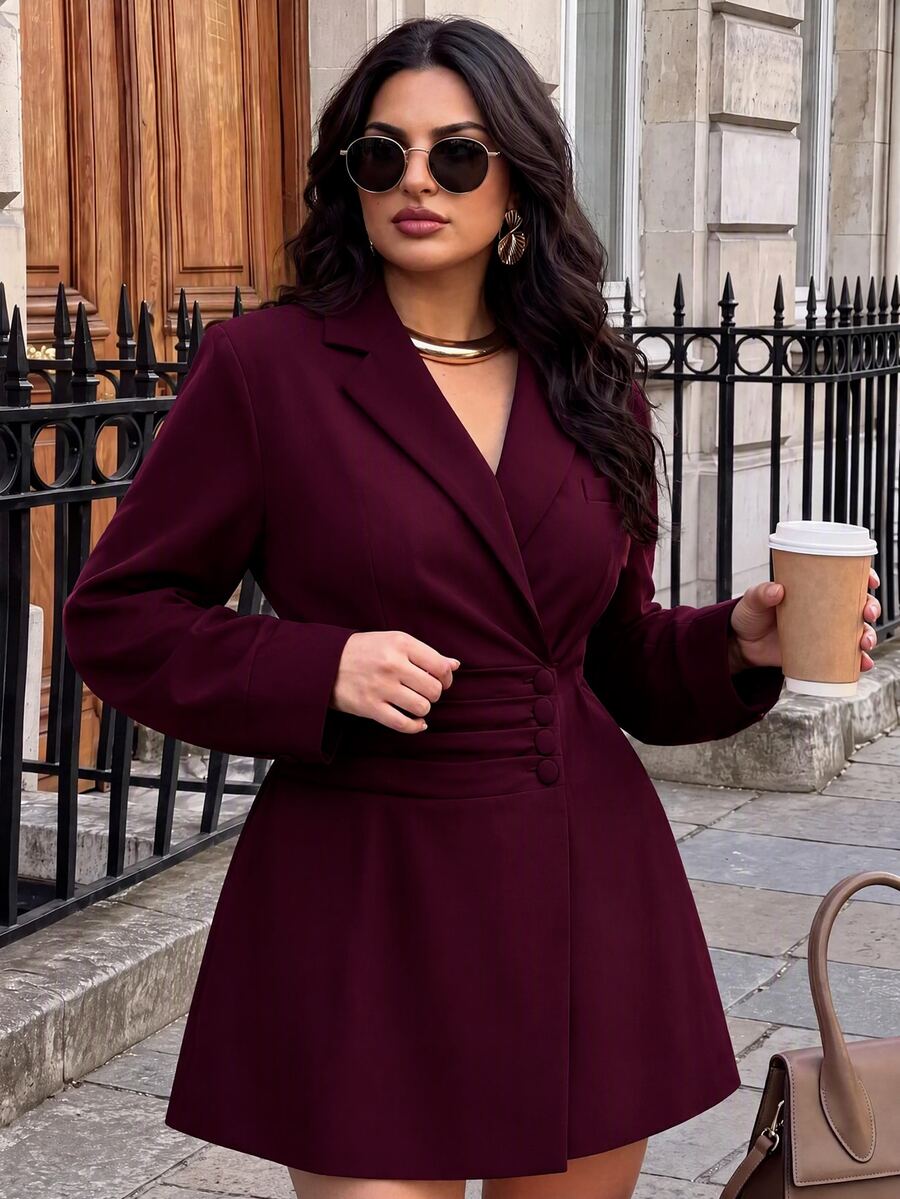 SHEIN BAE CURVE Plus Size Dark Purple Pleated Design Waist-Cinching Blazer Dress With Wide Shoulders Cocktail Office Dinner Formal Fall Elegant Casual - Redwood - View 1
