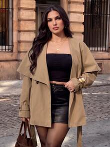 SHEIN BAE CURVE Plus Size Women Solid Color V-Neck Casual Versatile Trench Coat Jacket Fall - Khaki - View 2