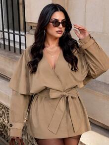 SHEIN BAE CURVE Plus Size Women Solid Color V-Neck Casual Versatile Trench Coat Jacket Fall - Khaki - View 3