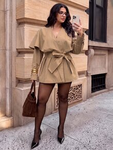 SHEIN BAE CURVE Plus Size Women Solid Color V-Neck Casual Versatile Trench Coat Jacket Fall - Khaki - View 1