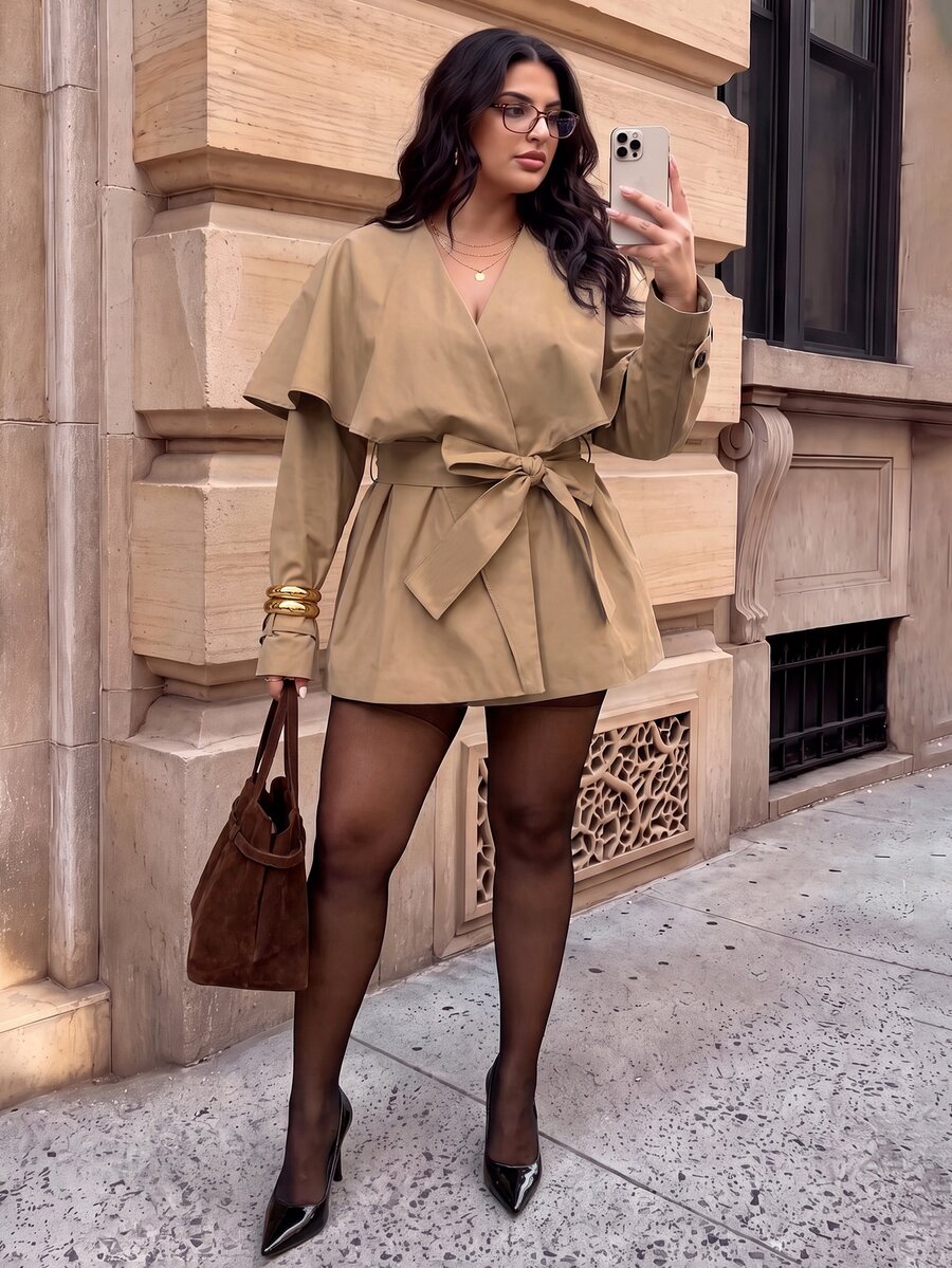 SHEIN BAE CURVE Plus Size Women Solid Color V-Neck Casual Versatile Trench Coat Jacket Fall - Khaki - View 1