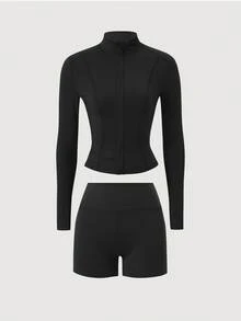StreetHx Jaket Olahraga Elastis Resleting Pelangsing Wanita Eassivo, Pakaian Tenis, Versi Lengan Panjang - Hitam - View 3